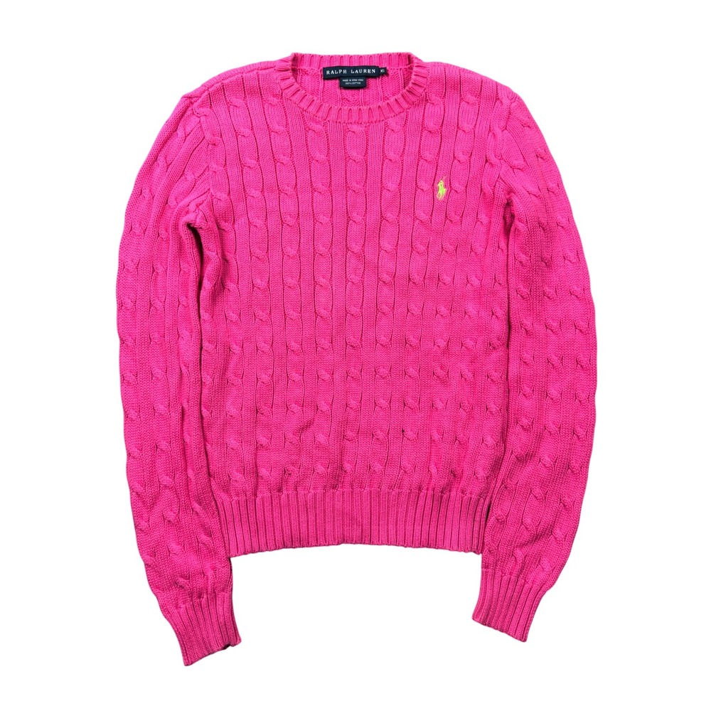 Vintage Ralph Lauren Women XS Hot Pink Cable Knit Crewneck Sweater Preppy Pony